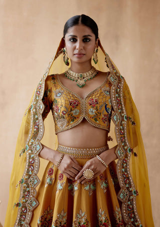 Aman Takyar-Mustard Floral Embroidery Lehenga Set-INDIASPOPUP.COM