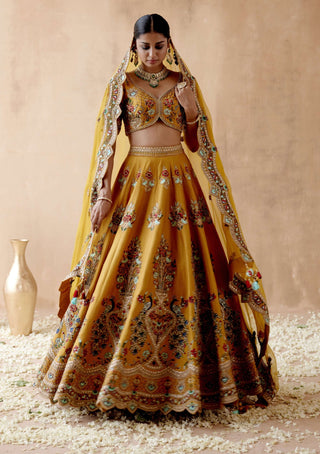 Aman Takyar-Mustard Floral Embroidery Lehenga Set-INDIASPOPUP.COM