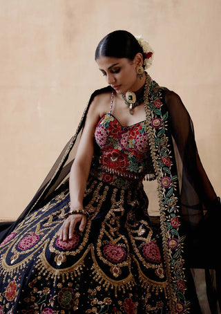 Aman Takyar-Black Floral Embroidery Lehenga Set-INDIASPOPUP.COM