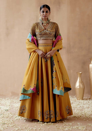 Aman Takyar-Mustard Floral Embroidery Lehenga Set-INDIASPOPUP.COM