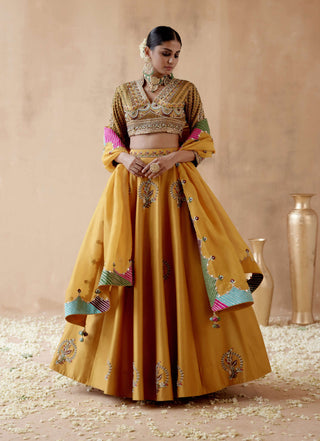 Aman Takyar-Mustard Floral Embroidery Lehenga Set-INDIASPOPUP.COM