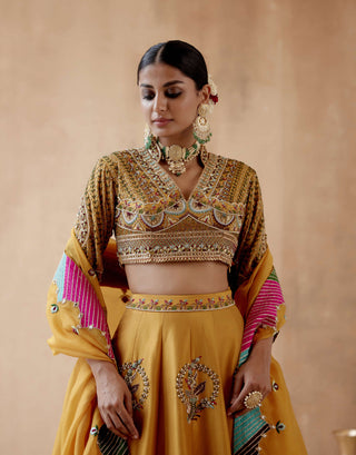 Aman Takyar-Mustard Floral Embroidery Lehenga Set-INDIASPOPUP.COM