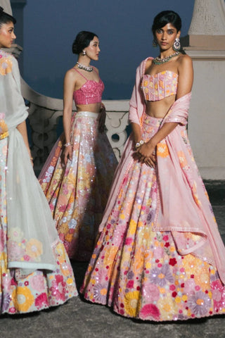 Pink Iris Floral Lehenga Set by Mishru, available on Indiaspopup.com