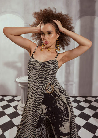 Nikita Mhaisalkar-Black & White Byzantine Print High Slit Dress-INDIASPOPUP.COM