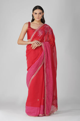 Devyani Mehrotra-Red Rose Two-Tone Sari Set-INDIASPOPUP.COM