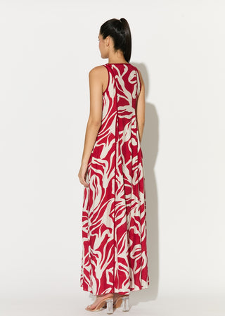 Red and white floral sleeveless long dress