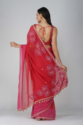 Devyani Mehrotra-Red Rose Two-Tone Sari Set-INDIASPOPUP.COM