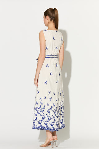 White with blue embroidered sleeveless long dress