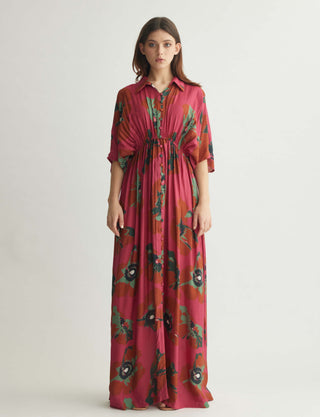 Red pink and mint floral long shirt dress