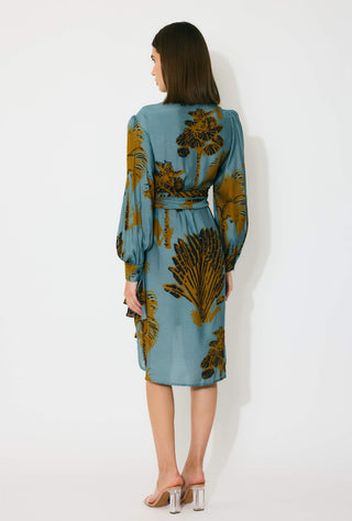 Sky blue and mustard floral wrap shirt dress