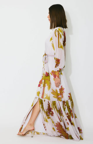 Beige, mustard and hot pink floral shirt dress