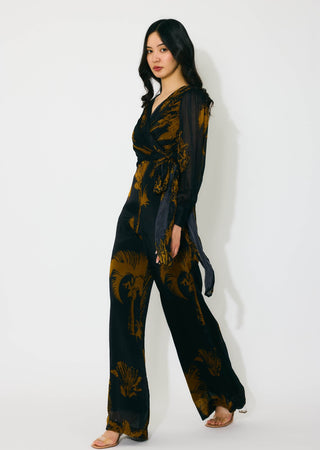 Black and gold floral wrap jumpsuit