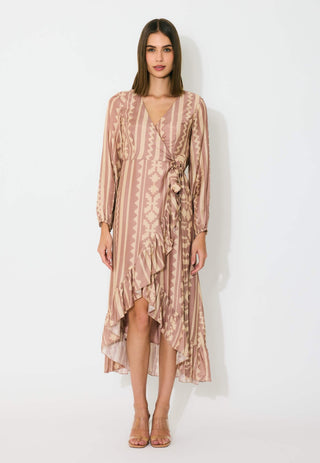 Peach and cream pattern wrap dress