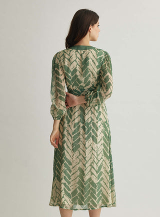 Beige and mint chevron print wrap dress