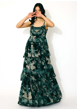 Dark green, mint and beige toil print long dress
