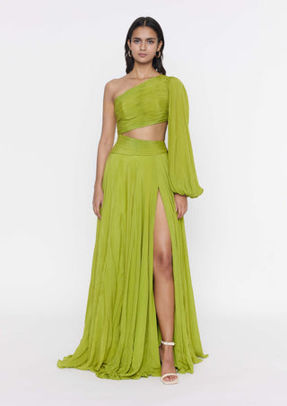 Deme By Gabriella-Parrot Green One-Shoulder Gown-INDIASPOPUP.COM