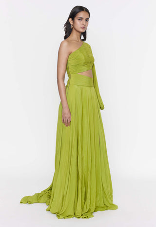 Deme By Gabriella-Parrot Green One-Shoulder Gown-INDIASPOPUP.COM