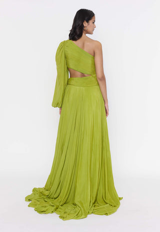 Deme By Gabriella-Parrot Green One-Shoulder Gown-INDIASPOPUP.COM