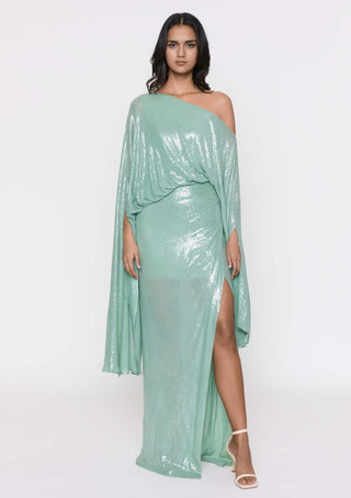 Deme By Gabriella-Teal One Shoulder Sequins Gown-INDIASPOPUP.COM