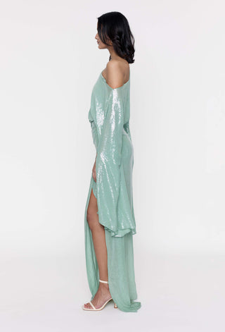 Deme By Gabriella-Teal One Shoulder Sequins Gown-INDIASPOPUP.COM