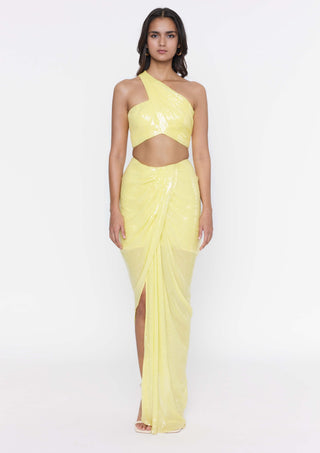Deme By Gabriella-Lemon Yellow Sequins Crop And Draped Skirt-INDIASPOPUP.COM