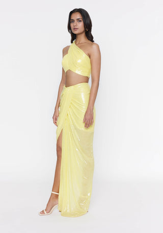 Deme By Gabriella-Lemon Yellow Sequins Crop And Draped Skirt-INDIASPOPUP.COM