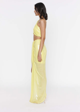 Deme By Gabriella-Lemon Yellow Sequins Crop And Draped Skirt-INDIASPOPUP.COM