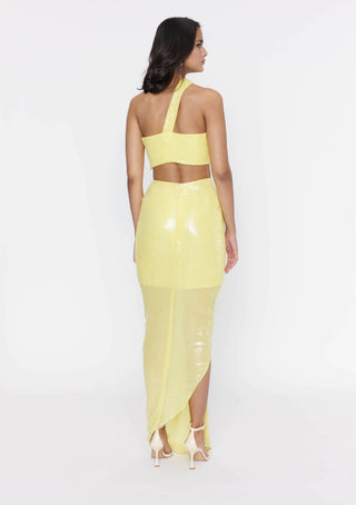 Deme By Gabriella-Lemon Yellow Sequins Crop And Draped Skirt-INDIASPOPUP.COM