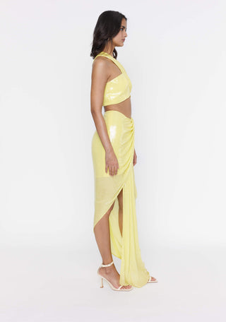 Deme By Gabriella-Lemon Yellow Sequins Crop And Draped Skirt-INDIASPOPUP.COM