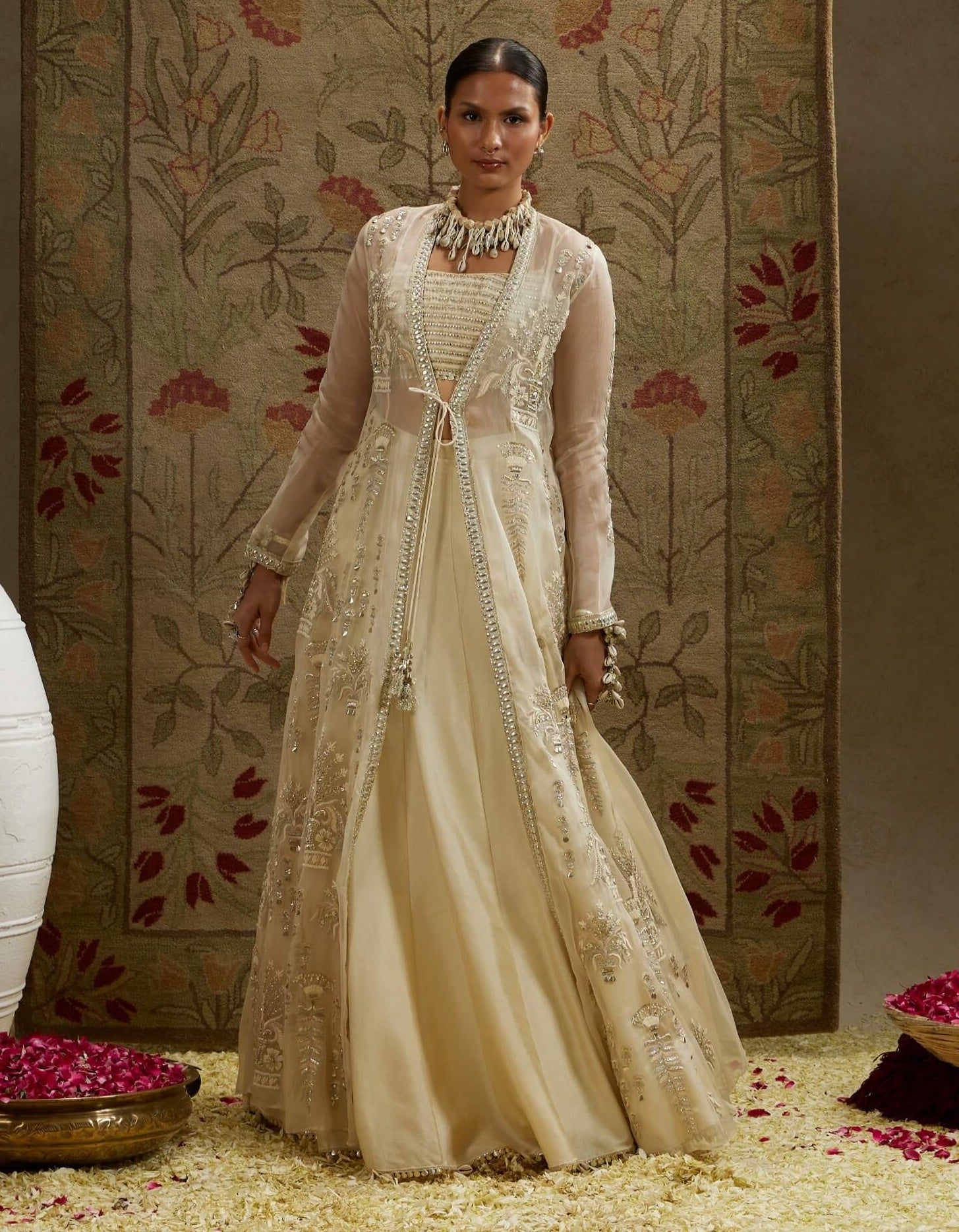 Sva By Sonam And Paras Modi Ivory Magnolia Cream Embellished Jacket And Lehenga Set | Indiaspopup XS Sva By Sonam And Paras Modi Ivory Magnolia Cream Embellished Jacket And Lehenga Set | Indiaspopup XS