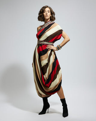 Sva By Sonam And Paras Modi Orange Samsara Stripe One Shoulder Cowl Dress And Belt available on indiaspopup