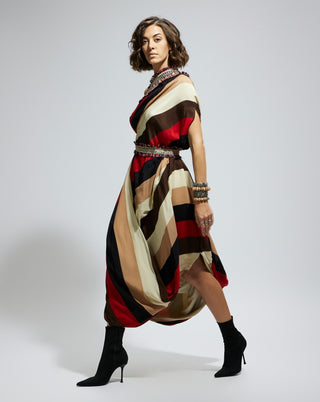 Orange samsara stripe one shoulder cowl dress and belt