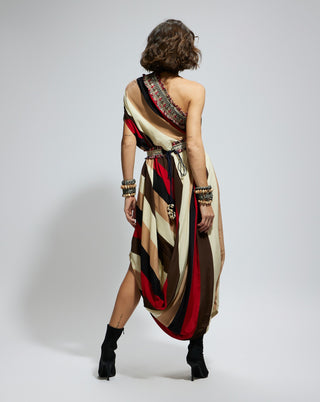 Orange samsara stripe one shoulder cowl dress and belt