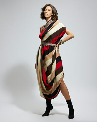 Sva By Sonam And Paras Modi Orange Samsara Stripe One Shoulder Cowl Dress And Belt available on indiaspopup