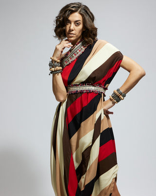 Sva By Sonam And Paras Modi Orange Samsara Stripe One Shoulder Cowl Dress And Belt available on indiaspopup