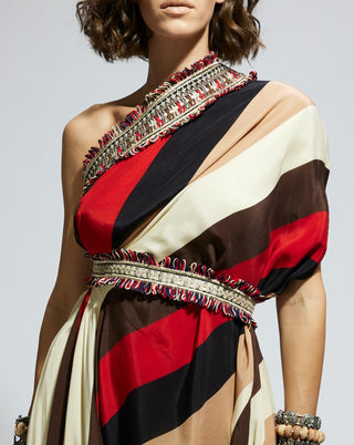 Sva By Sonam And Paras Modi Orange Samsara Stripe One Shoulder Cowl Dress And Belt available on indiaspopup