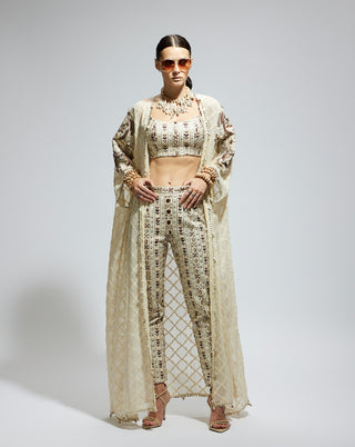 White embellished cape, bustier and pants