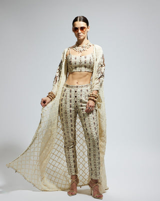 White embellished cape, bustier and pants