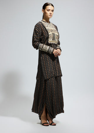 Black boho printed kurta and drape skirt