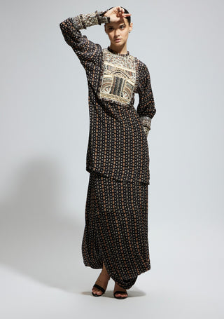 Black boho printed kurta and drape skirt