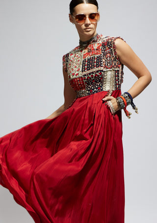 Sva By Sonam And Paras Modi Red Terracotta Patchwork Jumpsuit available on indiaspopup