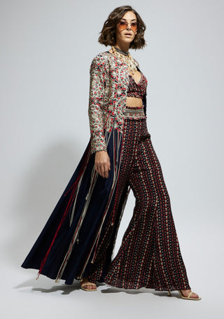 Blue threadwork embellished jacket, bustier and sharara