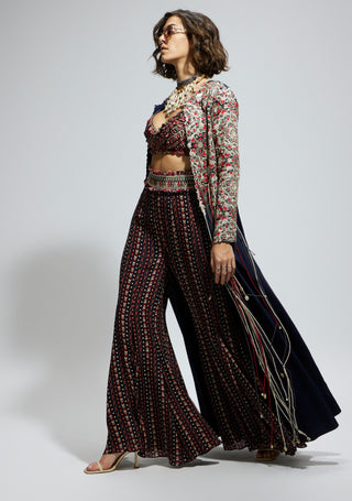 Blue threadwork embellished jacket, bustier and sharara