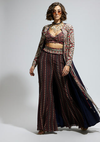 Blue threadwork embellished jacket, bustier and sharara