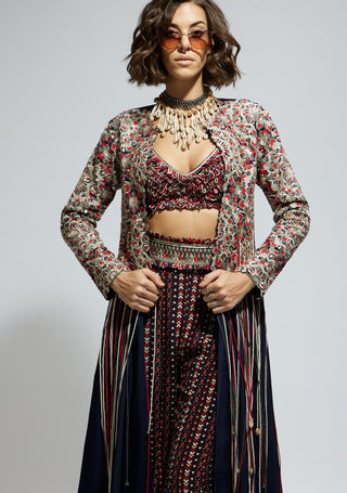 Blue threadwork embellished jacket, bustier and sharara