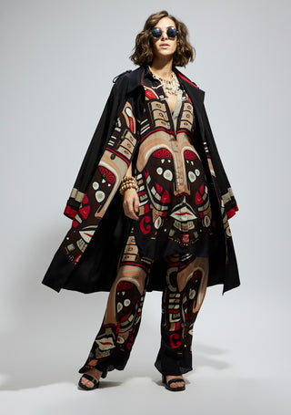 Sva By Sonam And Paras Modi Black Crepe Mask Print Trench Coat available on indiaspopup