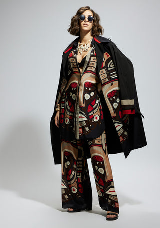 Black crepe mask print trench coat