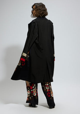 Black crepe mask print trench coat