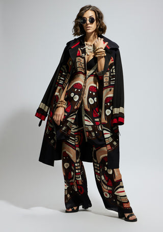 Black crepe mask print trench coat