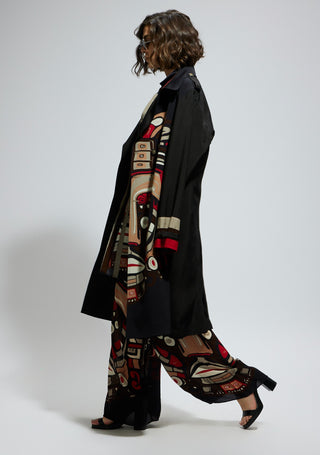 Black crepe mask print trench coat